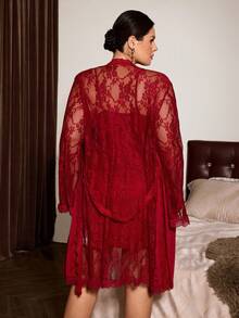 Slumberist Burgundy Glossy Lace Patchwork Loose Tie-Front Robe & Nightgown Set, Plus Size Women's Loungewear Sleepwear - Burgundy - View 2