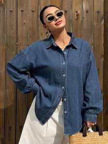 Dazy Plus Light Blue Washed Back Slit Tie Design Playful Commute Loose Denim Shirt Blouse Spring Summer - Medium Wash - View 2