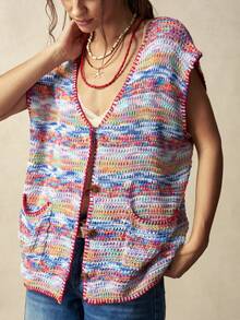 Bohemela Colete Cardigan Solto de Tricô com Acabamento em Dente de Cachorro em Veludo Espanhol Degradê Vintage - Multicolorido - Visão 5