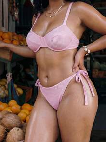 Swim Vcay Plus Size Vacation Beach Plaid Swimwear Set - Pink - View 6