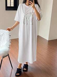 DAZY Women's Letter Print Casual Daily Home Short Sleeve Nightgown Summer Pajamas - White - View 4