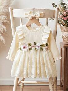 SHEIN Vintaside Kids 新生女嬰白色坑條三維刺繡花朵蝴蝶結拼接網紗洋裝與髮帶2件組，秋冬新款優雅適合戶外拍攝 - 杏色 - 查看 5