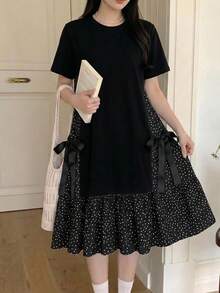 青少年女孩波點拼色拼接短袖中長洋裝，適合青少年女孩，適用於學校、戶外活動、購物，鈕扣式洋裝 - 黑色 - 查看 6