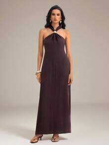 SHEIN Tall Frühling/Sommer Musikfestival Ostern St. Patrick's Day Valentinstag Date Dinner Western Reife Elegante Ärmellose Neckholder Schokoladenbraun Maxikleid - Braun - Übersicht 7
