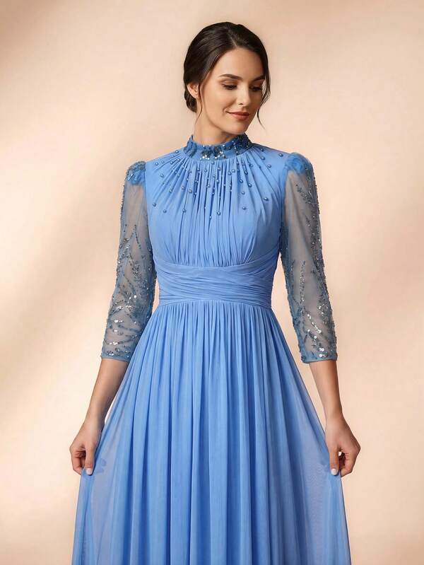 Serin Elegant Luxurious Beaded Sequin Embroidered Mesh Patchwork Elastic Knit Mesh Bubble Ruched Full Skirt Sheer Sleeves Suitable For Wedding Events Bachelorette Party Vacation Prom Holiday Bridal Mother Evening Gown