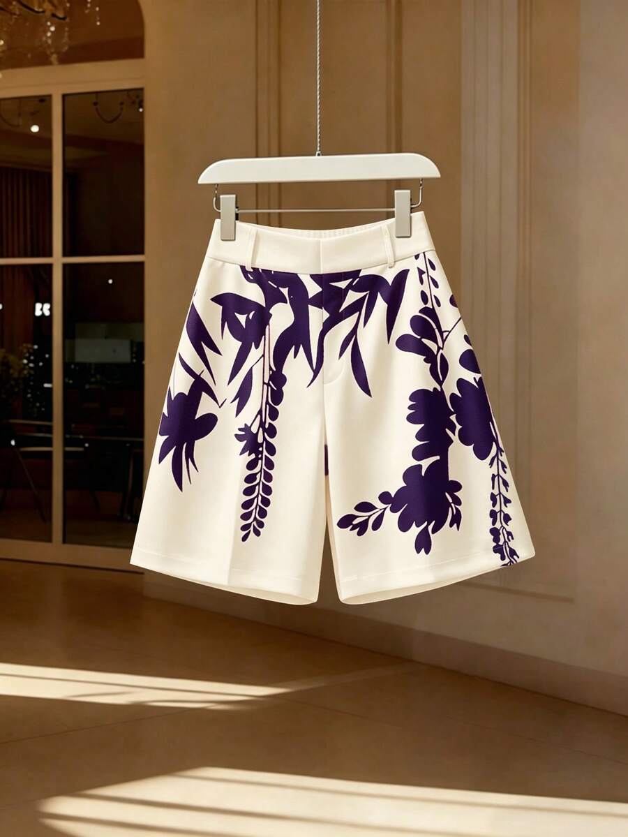 GlowEve CURVE Plus Size Women's Spring/Summer Fashion Commute Printed Pattern A-Line Shorts - Purple - View 1