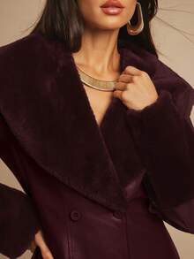 Silquee 女款純色毛領長袖雙排扣優雅大衣，適合外出、晚餐、夜生活，深紫色，秋季 - 紫紅色 - 查看 8