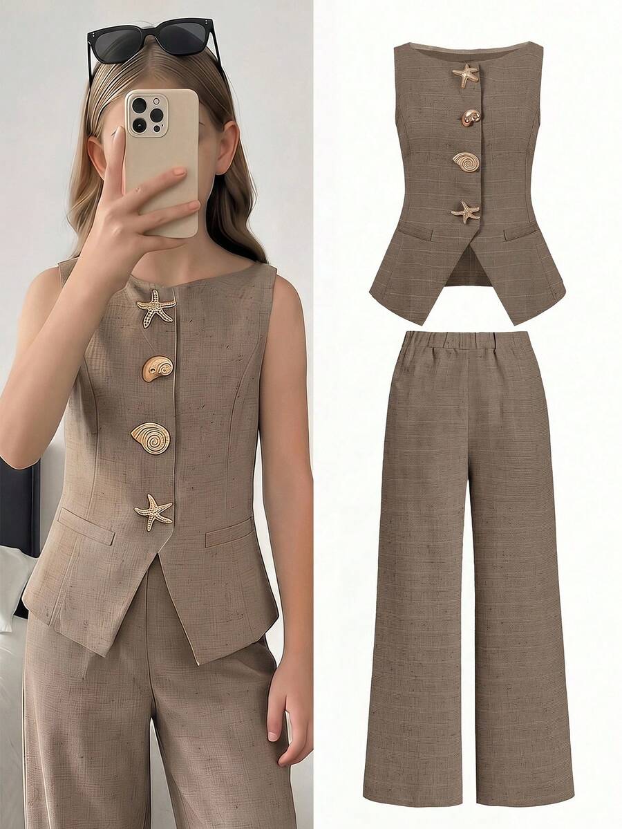 SHEIN Girlism 少女休闲时尚海星金属装饰背心和宽松裤子两件套 - 棕色 - 查看 1