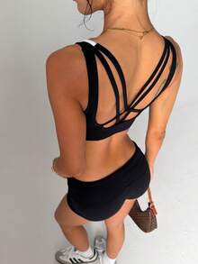 Easithlete Easithlete 女款極簡條紋拼接短版運動內衣 - 黑色 - 查看 7