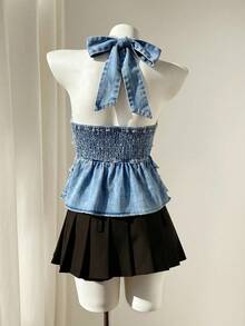 SHEIN Women's Denim Halter Neck Tiered Ruffle Backless Top - Blue - View 1