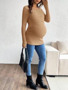 SHEIN 孕婦純色圓領長袖哺乳上衣 - 咖啡棕 - 查看 3