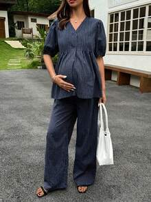 Dazy Maternity Fashion Striped Set Loose Short Sleeve Top Long Casual Pants Daily Wear Maternity 2 Pieces Set Summer - Navy Blue - View 10