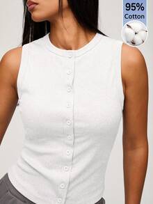 SHEIN BASICS 女款純色時尚單排扣休閒背心，適合日常穿著 - 白色 - 查看 2