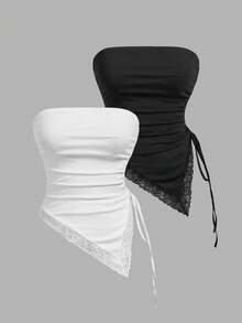 SHEIN MOD 2件組女款蕾絲拼接百褶休閒百搭日常外出抹胸上衣 - 黑與白 - 查看 4