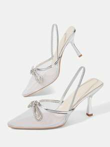 CUCCOO HITCHD Silver Rhinestone Bow Mesh Pointed Back Strap Stiletto Sandals, Banquet Party Wedding Bridesmaid Shoes - Silver - View 6