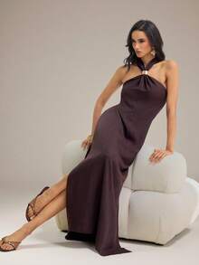 SHEIN Tall Frühling/Sommer Musikfestival Ostern St. Patrick's Day Valentinstag Date Dinner Western Reife Elegante Ärmellose Neckholder Schokoladenbraun Maxikleid - Braun - Übersicht 3