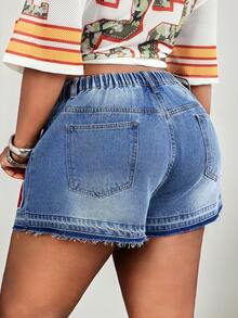 Slaydiva Shorts de mezclilla azul sin estiramiento con cintura asimétrica y ajuste ceñido para mujer de talla grande, atuendos de verano para festival - Lavado ligero - Ver 2