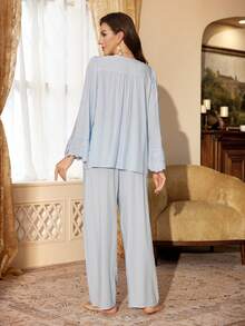 PalaceNights Conjunto de Pijama Feminino com Cardigan de Manga Longa, Decote em V, Tecido de Renda Bordada Vintage Francês e Calça - Azul - Visão 2