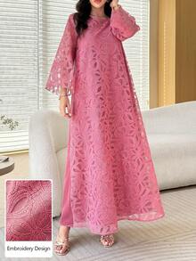 Al Najma Đầm dáng chữ A suông tay lỡ 3/4 cổ tròn thêu 3D dày dặn cho xuân/hè - Hồng - Xem 8