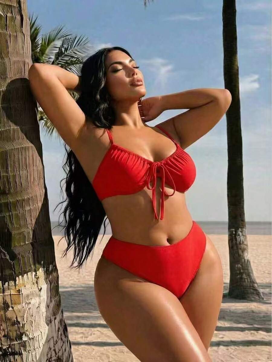 Swim SXY 大尺碼純色海灘度假泳衣套裝 - 紅色 - 查看 1