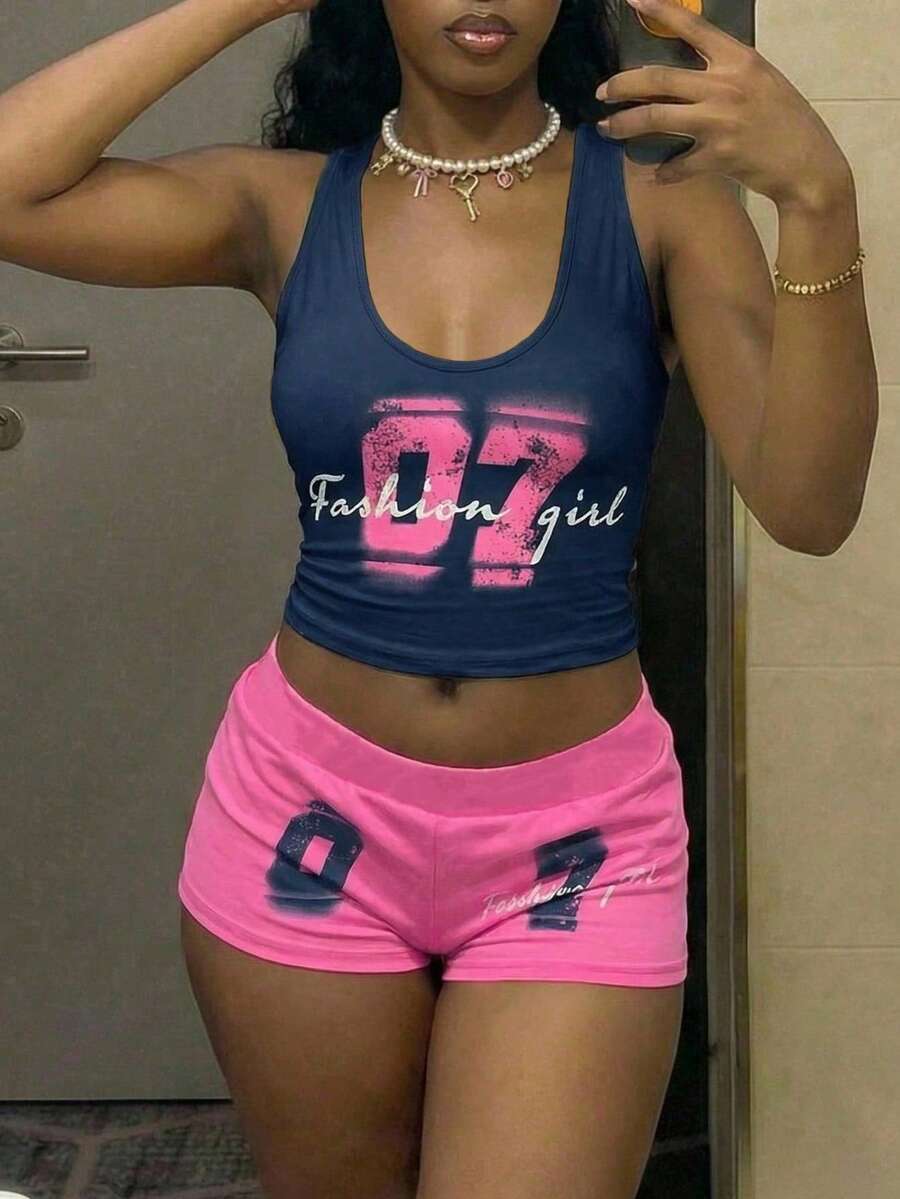 Maweii 大尺碼女款性感柔軟 2000s 90s Y2K 度假風 海軍藍與粉紫色字母印花 低領背心短褲兩件套 健身運動夏季穿搭 - 彩色 - 查看 1