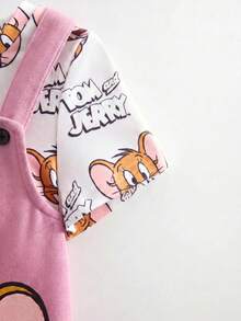 TOM & JERRY X SHEIN 女嬰卡通印花圓領短袖T恤與吊帶裙休閒日常套裝 - 粉色 - 查看 5