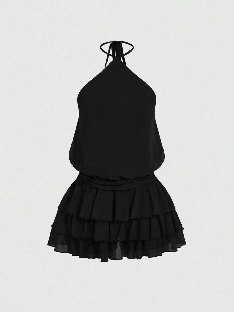 ROMWE Vestido mini de moda para mujer de unicolor con cuello halter, lazo y fruncido para citas - Negro - Ver 1