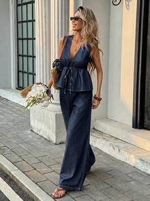 Serisse Women's V-Neck Pleated Top And Long Pants Casual Daily Denim Set - Dark Wash - View 4