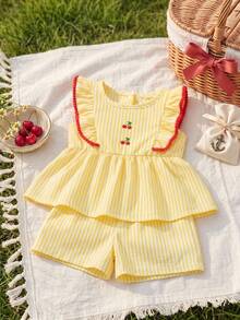 Souflis Souflis French Summer New Baby Girl Yellow Striped Cute Frill Trim Embroidered Cherry Design, Fashionable Contrast Color Trim Paired With Versatile Striped Shorts, Soft And Adorable, Suitable For School, Play, Shopping And Other Occasions - Yellow - View 7