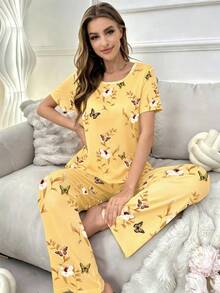 SHEIN 花卉蝴蝶印花上衣與長褲女款睡衣套裝 - 黃色 - 查看 3
