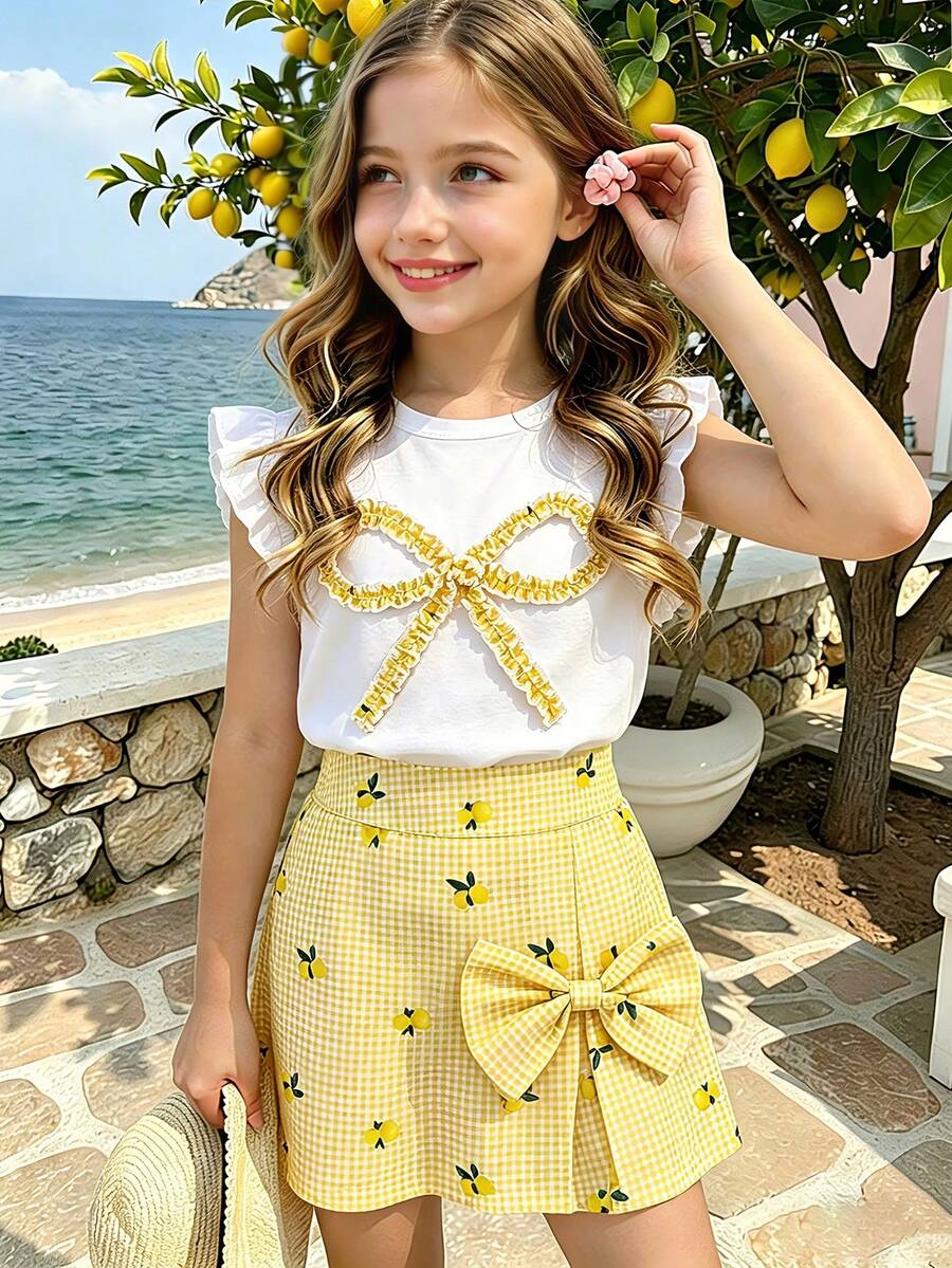 Elladie kids Girls' Lemon Print Yellow White Plaid 2-Piece Set, Round Neck Flutter Sleeve T-Shirt High Waist A-Line Skort, Casual Cute Vacation Summer Outfit
