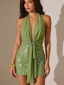 Glamine Deep V Neck Women's Halter Neck Sexy Sequin Dress, Formal Party Gown, Wedding Event Dress, Prom Dress, Suitable For Wedding Guests, Graduation Ceremony, Holiday Dinner And Other Occasions - Green - View 5