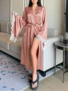 DAZY Charming Bell Sleeve Satin Lace Patchwork Long Women's Nightgown - Pink - View 5