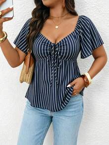 SHEIN Frenchy Casual Spring/Summer Nautical Style Blue & White Striped Pattern Off-Shoulder Drawstring Plus Size Women's T-Shirt, Vacation Women's Off-Shoulder Summer Top - Multicolor - View 8