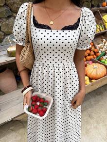 Flora Isola Flora Isola Women's Sexy Black Lace Trim Neckline Polka Dot Pattern Puff Sleeve Long Dress, Polka Dot Dress, Vacation Dress, Apricot Dress, Elegant Dress - Apricot - View 1