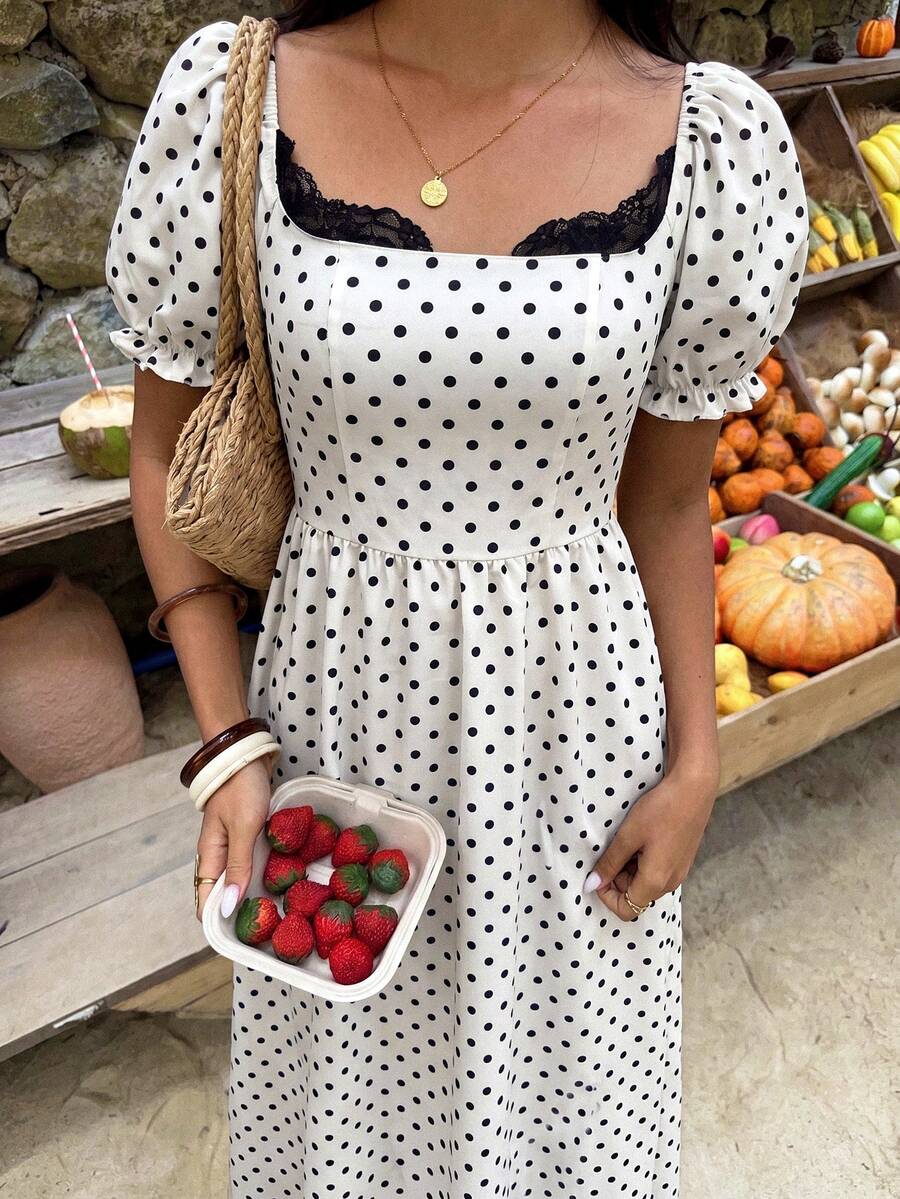 Flora Isola Flora Isola Women's Sexy Black Lace Trim Neckline Polka Dot Pattern Puff Sleeve Long Dress, Polka Dot Dress, Vacation Dress, Apricot Dress, Elegant Dress - Apricot - View 1