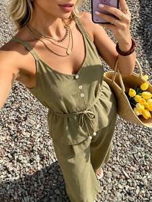 Cévolie Women's Solid Color Camisole Top And Long Pants Casual Vacation Set Olive Green Summer - Green - View 5