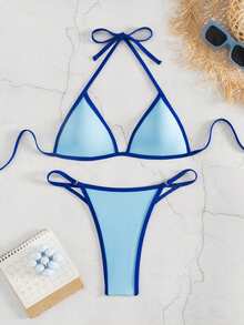 Costavie Women's Summer Beach Colorblock Halter Tie Sexy Fashion Bikini Two-Piece Swimsuit Set - Blue - View 3