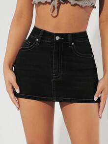 Selenza Petite Women Denim Skirts Tombol Kantong Zip Plain - Hitam - View 3