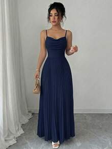 Vestido elegante y romántico para invitadas de boda, damas de honor y reuniones, con tirantes de espagueti, cintura plisada y fluido de gasa - Azul - Ver 4