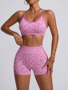 SHEIN Sports 女士豹纹交叉扭结肩带运动文胸和短裤瑜伽健身套装 - 玫紅色 - 查看 5
