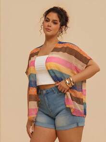 SHEIN VCAY Plus Size Women's Striped Colorblock Casual Vacation Travel Kimono Cardigan - Multicolor - View 7