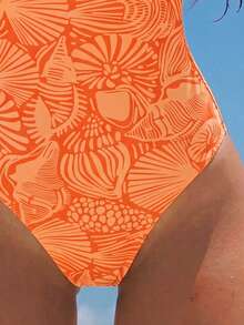 Swim Mod Baju Renang Bikini Terusan Slim Fit Model Tali Bahu Tipis Musim Semi/Panas 2026, Motif Polkadot Cokelat + Garis Cokelat Kuning, Tali Bahu Dapat Dibalik dan Disesuaikan - Jeruk - View 3