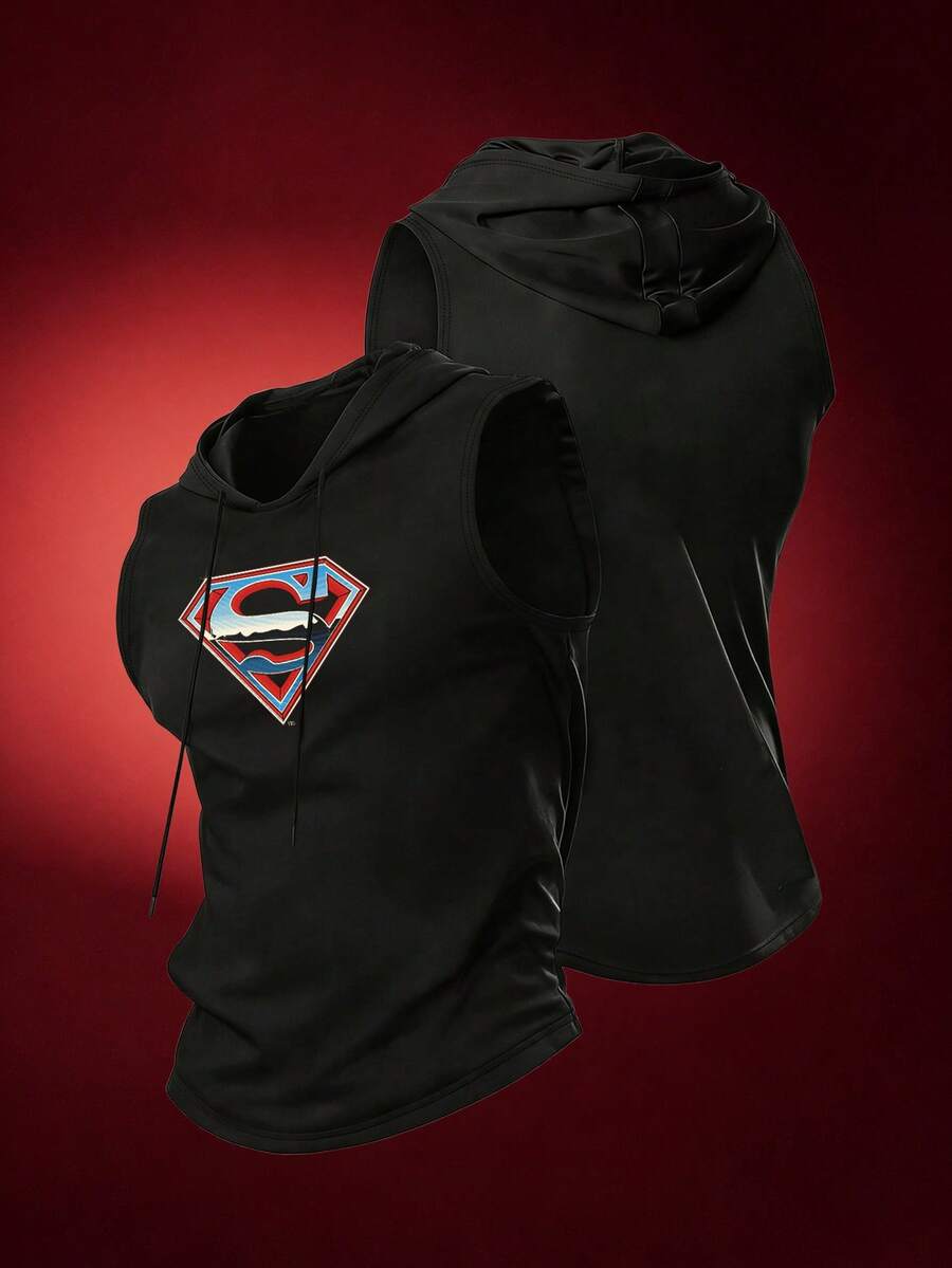 SUPERMAN X SHEIN Men's Letter Print Hooded Sports Tank Top, Gym - Black - View 1