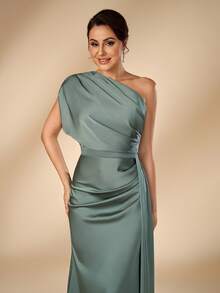 Serin Elegant Luxurious Green Glossy Satin Ruched Asymmetric Neck Mermaid Dress For Homecoming Formal Wedding Party Graduation - Green - View 5