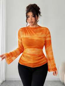 Elenzga Plus Size Women's Vintage Elegant Fitted Ruched Semi-Sheer Gradient Print Mesh Elastic Long Sleeve Base Layer T-Shirt Blouse, Spring/Autumn Outerwear - Orange - View 5