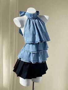 SHEIN Women's Denim Halter Neck Tiered Ruffle Backless Top - Blue - View 5