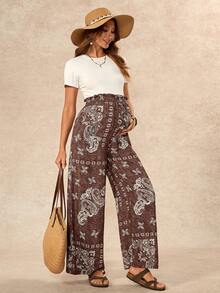 Boho Mama Pantalones largos de maternidad con patrón de anacardo, volantes y lazo en la cintura para vacaciones - Marrón - Ver 9