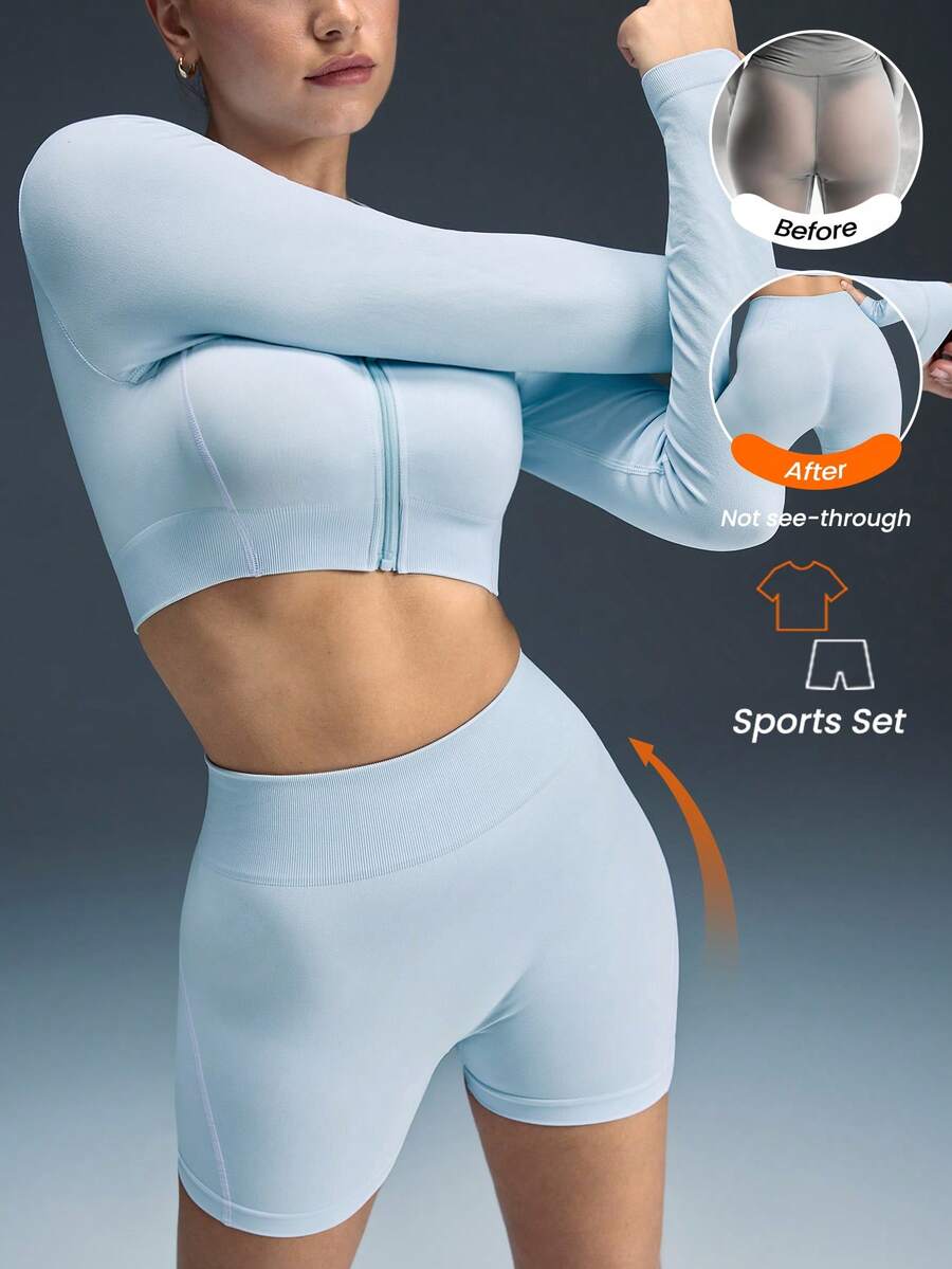 Powerista Women's Baby Blue Seamless Workout Set,Raglan Sleeve Cropped Jacket & Active Shorts,Pilates Summer Athleisure Training Sports Set - Baby Blue - View 1