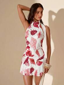 SHEIN Glamour 女款度假海灘貝殼亮片露背掛脖短洋裝 - 玫紅色 - 查看 3